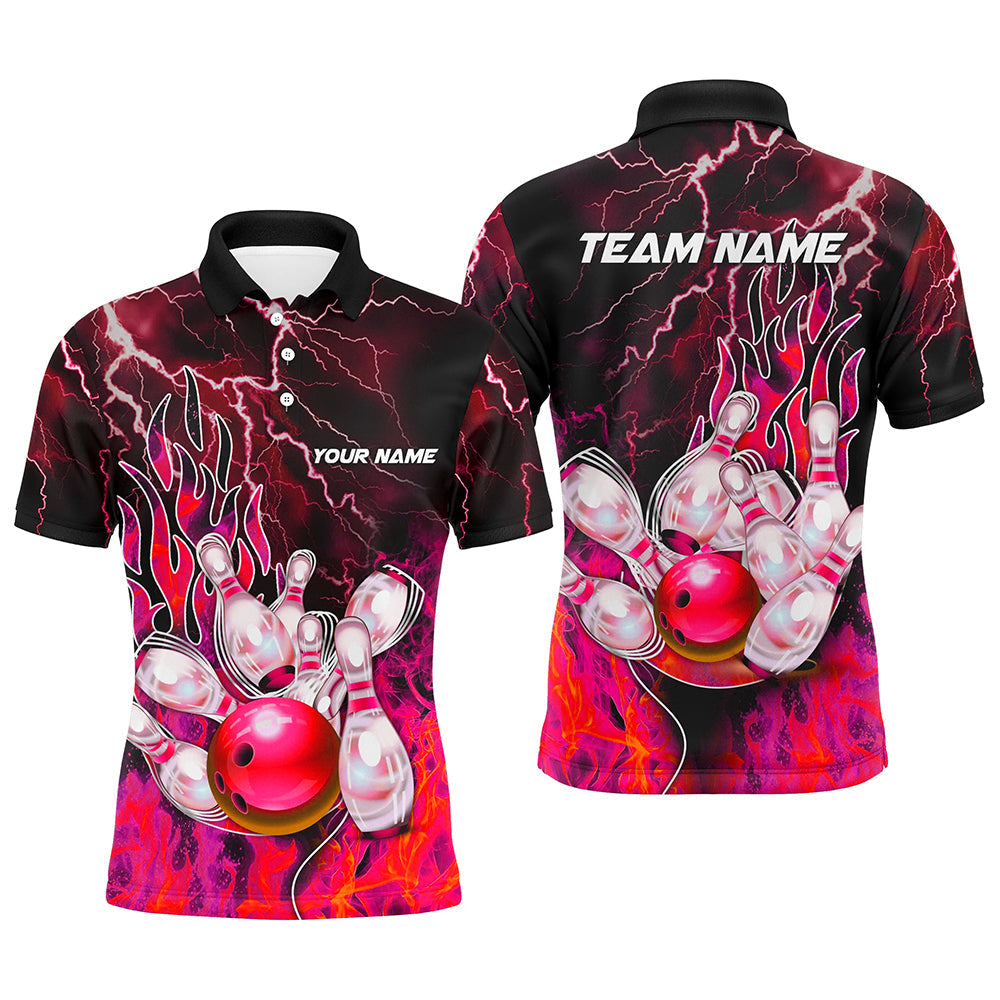 Men Bowling Polo, 1/4 Zip Shirt Custom red lightning thunder Bowling Team Jersey, gift for Bowlers NQS8175