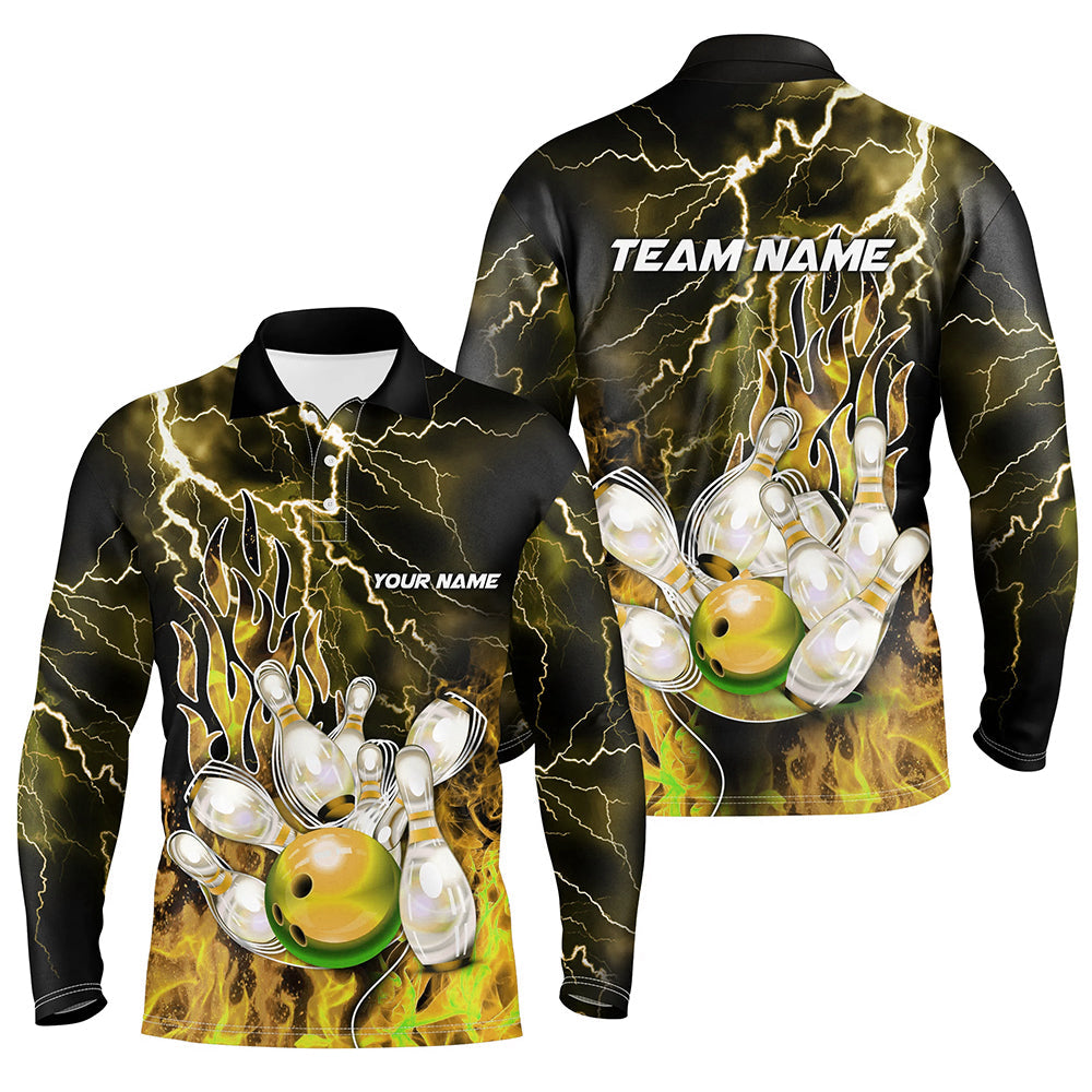 Men Bowling Polo, 1/4 Zip Shirt Custom yellow lightning thunder Bowling Team Jersey, gift for Bowlers NQS8176