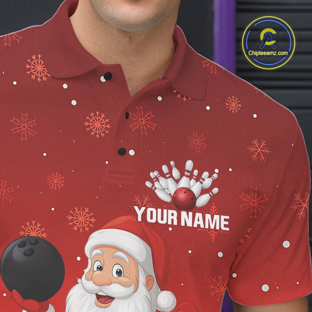 Funny Santa Bowling Red Christmas snowflake pattern Men's Bowling shirts Custom Xmas Bowling Outfits NQS10992