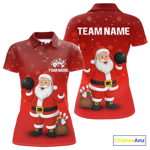 Funny Santa Bowling Red Christmas snowflake pattern Women's Bowling shirt Custom Xmas Bowling Outfits NQS10992