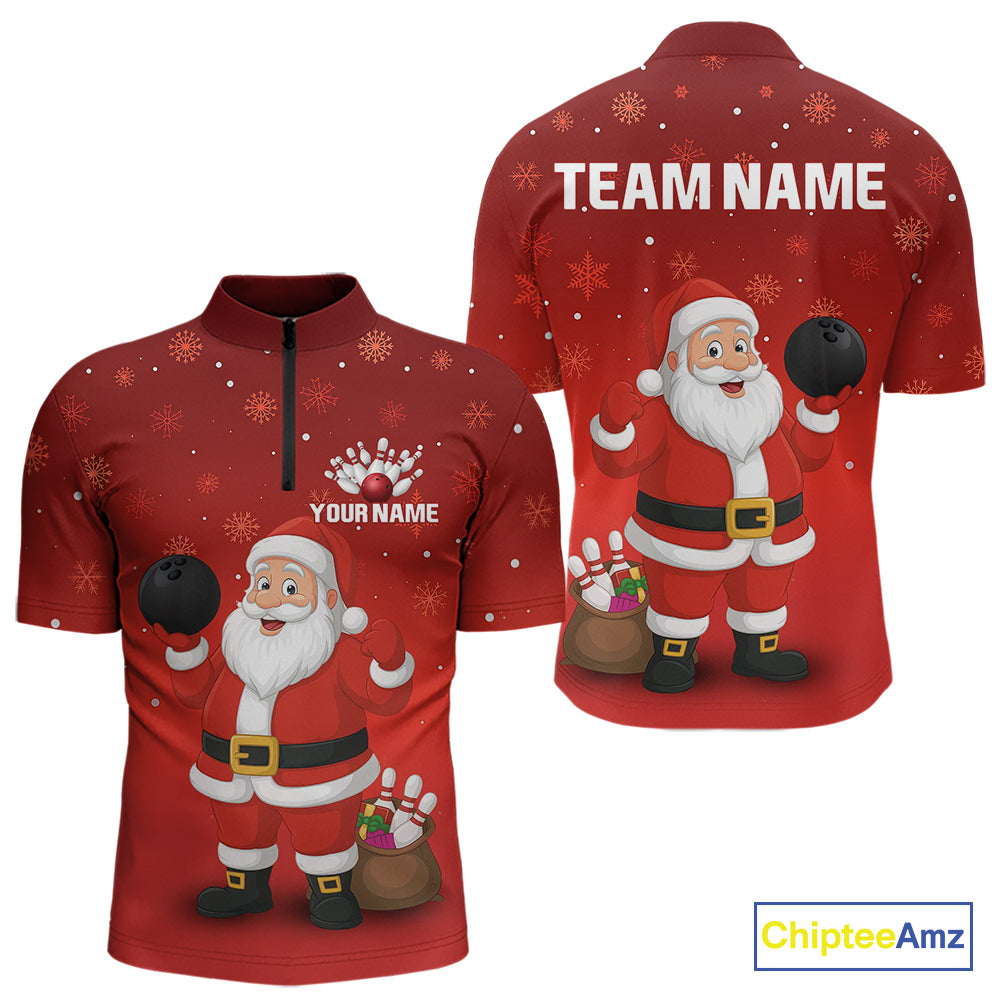 Funny Santa Bowling Red Christmas snowflake pattern Men's Bowling shirts Custom Xmas Bowling Outfits NQS10992