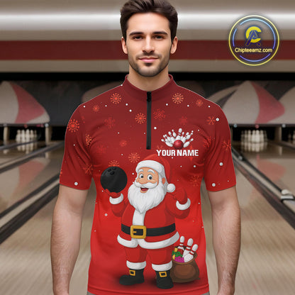 Funny Santa Bowling Red Christmas snowflake pattern Men's Bowling shirts Custom Xmas Bowling Outfits NQS10992