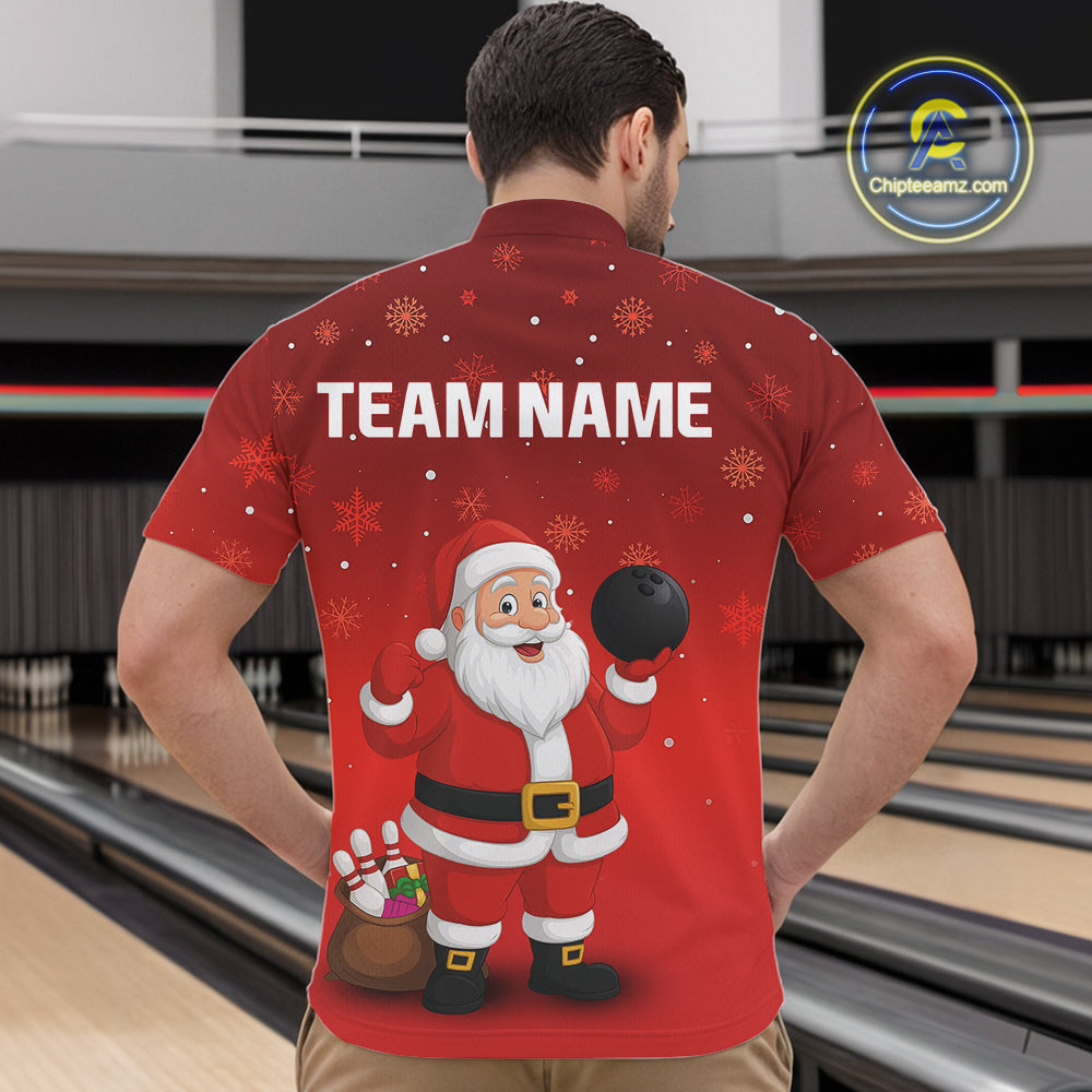 Funny Santa Bowling Red Christmas snowflake pattern Men's Bowling shirts Custom Xmas Bowling Outfits NQS10992