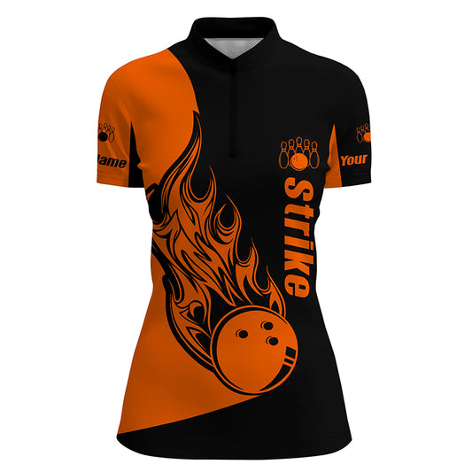Custom Black Orange bowling shirt for women – personalized team jersey front view