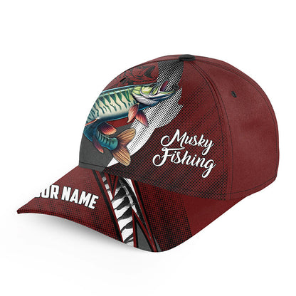 Musky fishing camo hats for men, women custom baseball best Muskellunge fishing hat | Red NQS7761