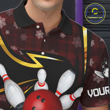 Load image into Gallery viewer, Red Christmas Plaid pattern snowflake Black and Gold Men&#39;s Bowling shirts Custom Xmas Bowling Gifts NQS10997