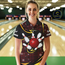 Load image into Gallery viewer, Red Christmas Plaid pattern snowflake Black and Gold Women&#39;s Bowling shirts Custom Xmas Bowling Gifts NQS10997