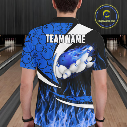 Blue Flame Bowling Camo Bowling Polo, Quarter Zip Shirts For Men Custom Bowling Team Bowler Jerseys NQS11195