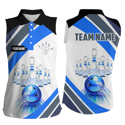 Blue Light Bowling Sleeveless Polo shirt for women Custom Bowling ball and pins Team League Jerseys NQS7586