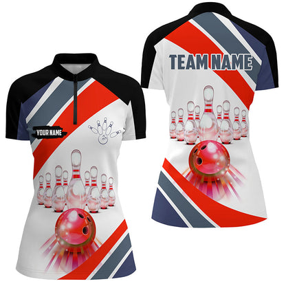 Red Light Bowling Polo, Quarter Zip Shirt for Women Custom Bowling ball and pins Team League Jerseys NQS7587