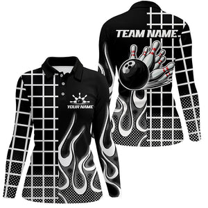 Black and white retro Bowling Polo, Quarter Zip Shirt for Women Custom Bowling Team League Jerseys NQS7588