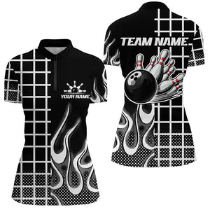 Black and white retro Bowling Polo, Quarter Zip Shirt for Women Custom Bowling Team League Jerseys NQS7588