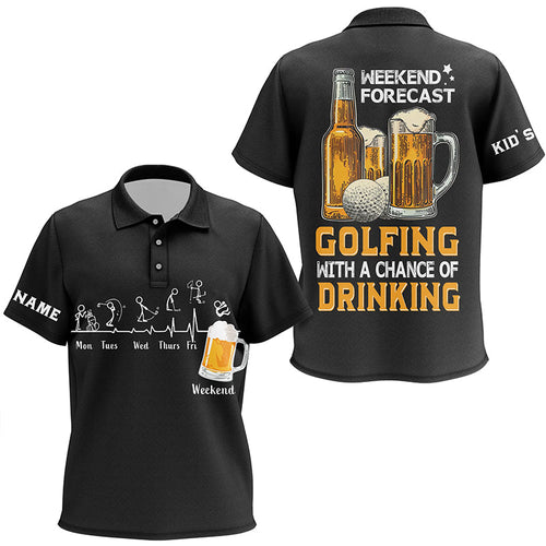 Funny Kid golf polos shirts custom black golf tops weekend forecast golfing with a chance of drinking NQS7995