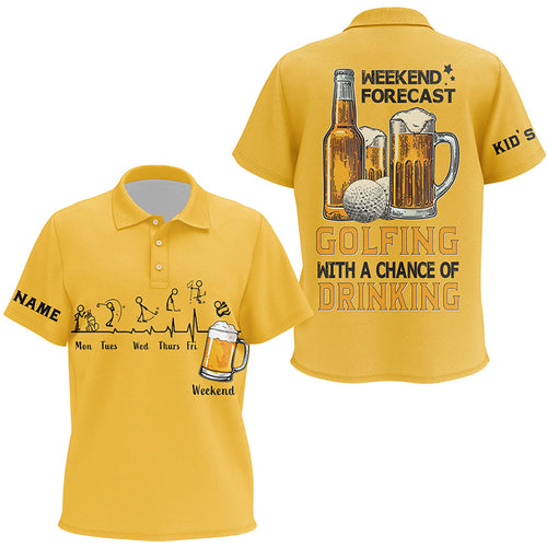 Funny Kid golf polos shirts custom yellow golf tops weekend forecast golfing with a chance of drinking NQS7996