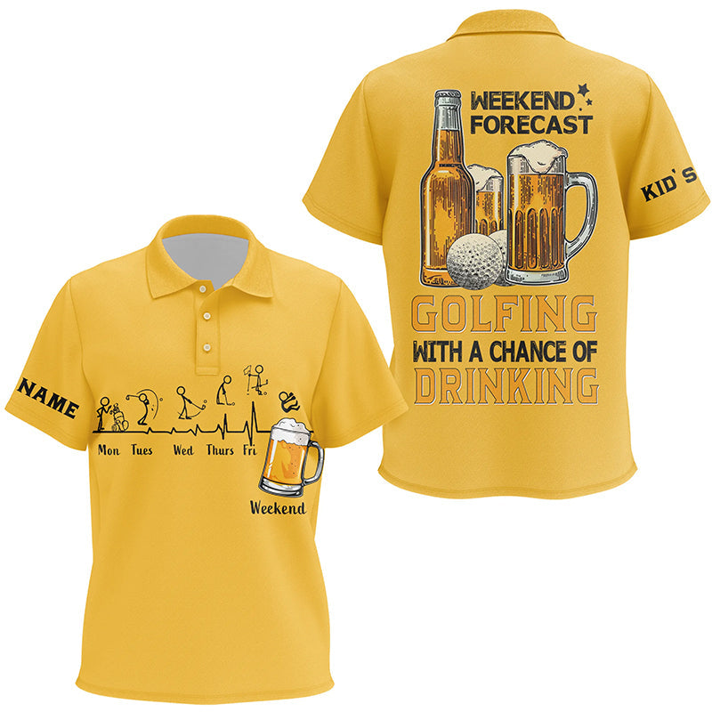 Funny Kid golf polos shirts custom yellow golf tops weekend forecast golfing with a chance of drinking NQS7996