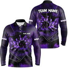 Load image into Gallery viewer, Purple grunge flame bowling ball pins Men Bowling Polo, Quarter zip shirt custom bowling Team jerseys NQS8203
