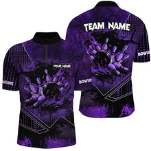 Load image into Gallery viewer, Purple grunge flame bowling ball pins Men Bowling Polo, Quarter zip shirt custom bowling Team jerseys NQS8203
