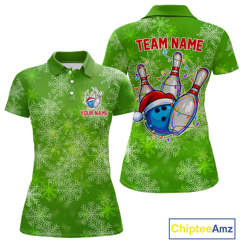 Personalized Funny Green Snowflake Christmas Bowling Team Shirts For Women, Christmas Bowling Gifts NQS10831
