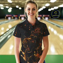 Load image into Gallery viewer, Personalized Black and Orange Tiger Bowling Team Polo, 1/4 Zip Shirts For Women, Tiger Bowling Jersey NQS11203