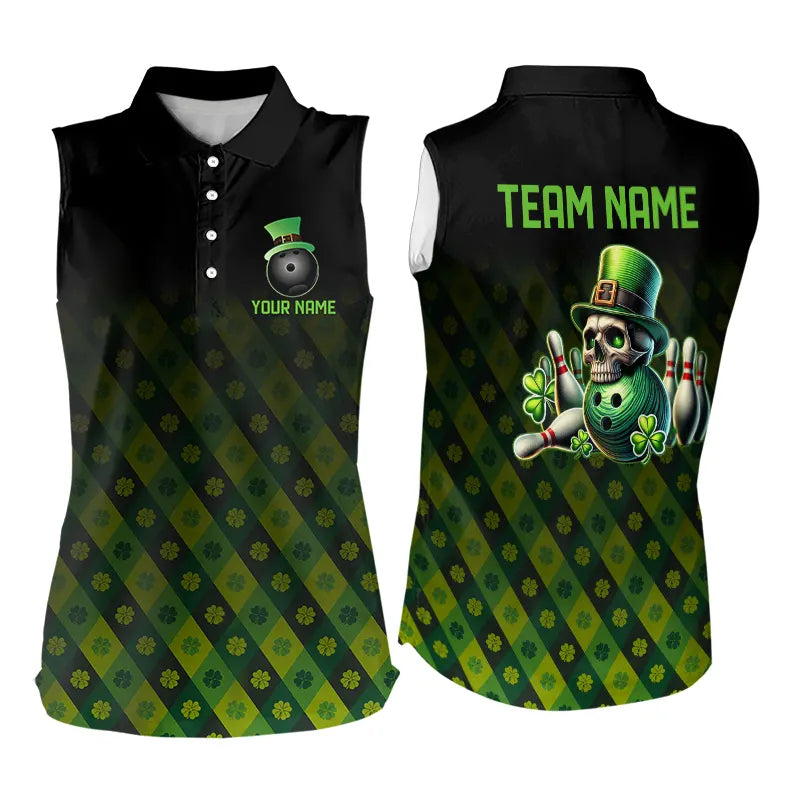 Black and Green Skull clover pattern Lucky Bowling Sleeveless Polo shirt Custom Bowling Team Jerseys NQS9339