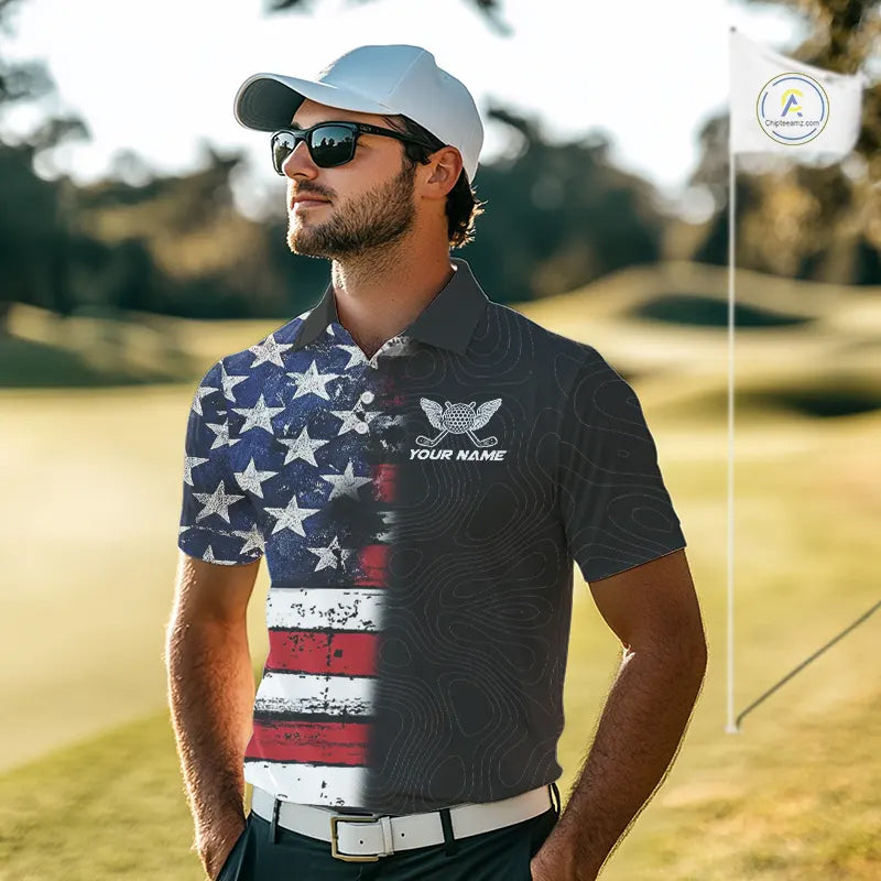 American Flag Eagle Mens Golf Polo Shirts Custom patriotic golf shirts for men, mens golf apparel NQS11407