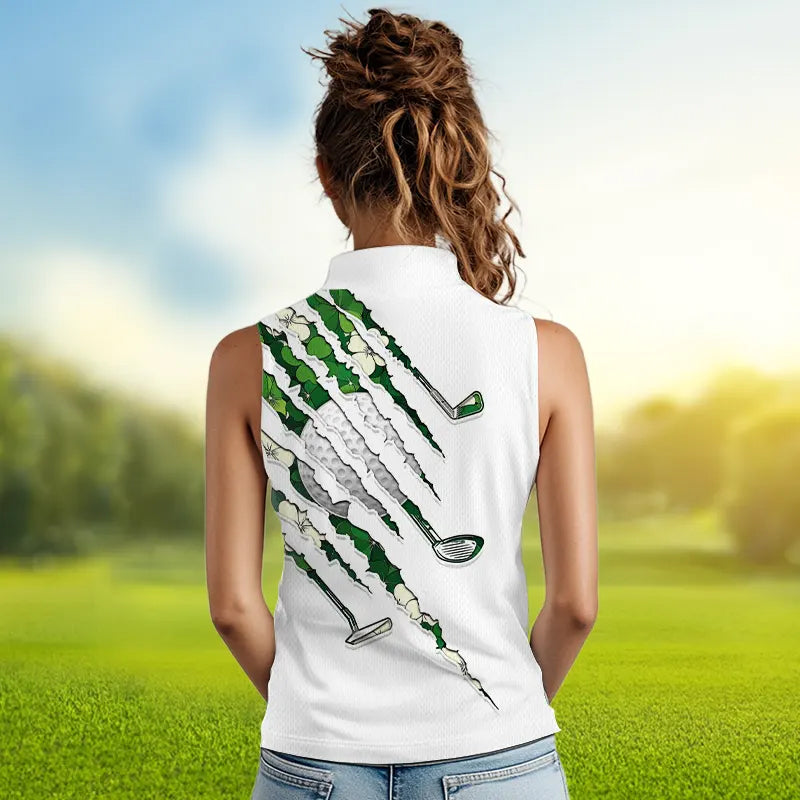 Green shamrock pattern White Women sleeveless polo Custom golf clubs St Patrick day ladies golf attire NQS9476
