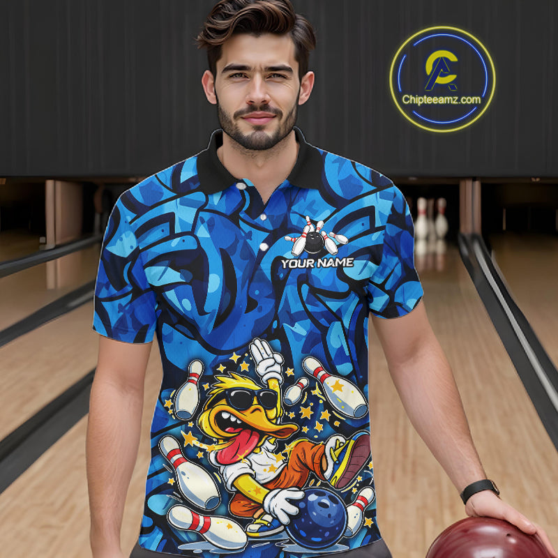 Funny Duck Bowling Polo, 1/4 Zip Shirts for Men Custom Blue graffiti pattern Team Bowling Jerseys NQS11603
