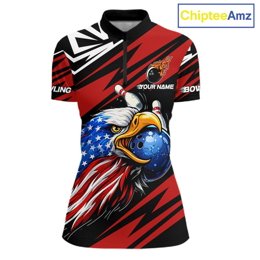 Custom Black and Red Camo American Flag Eagle Bowling shirts for Women, patriotic bowling team shirts NQS11609