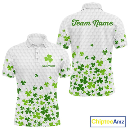 Custom Green shamrock pattern White Golf Polo shirts for men, St Patrick's day team mens golf wears NQS11610