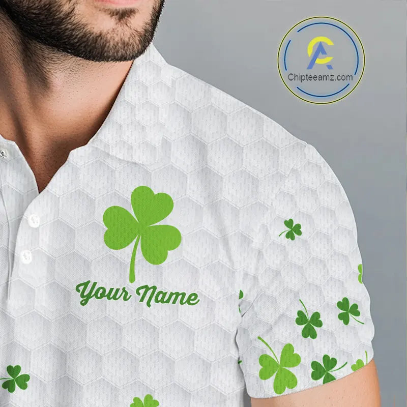 Custom Green shamrock pattern White Golf Polo shirts for men, St Patrick's day team mens golf wears NQS11610