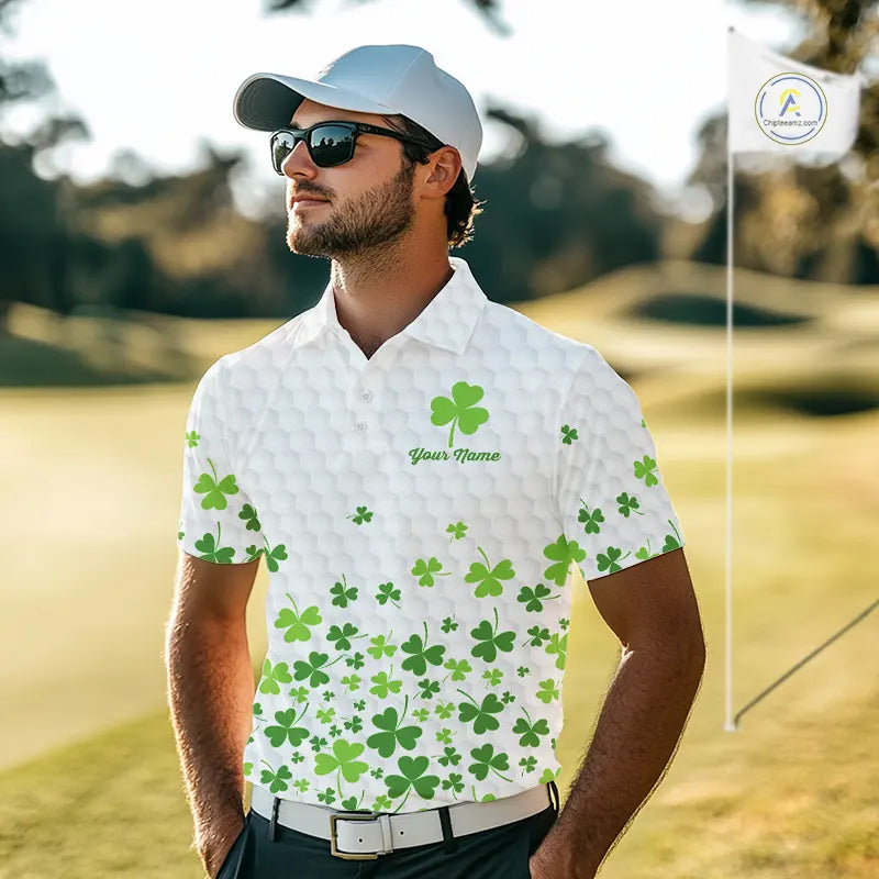 Custom Green shamrock pattern White Golf Polo shirts for men, St Patrick's day team mens golf wears NQS11610
