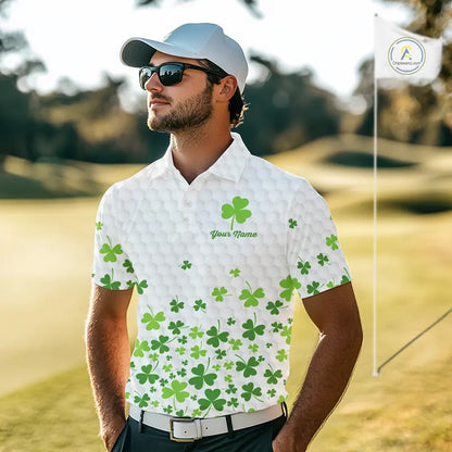 Custom Green shamrock pattern White Golf Polo shirts for men, St Patrick's day team mens golf wears NQS11610