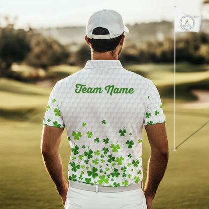 Custom Green shamrock pattern White Golf Polo shirts for men, St Patrick's day team mens golf wears NQS11610