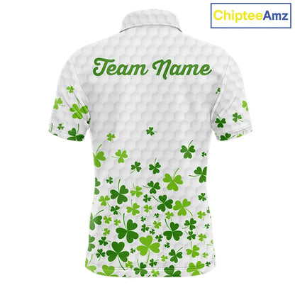 Custom Green shamrock pattern White Golf Polo shirts for men, St Patrick's day team mens golf wears NQS11610