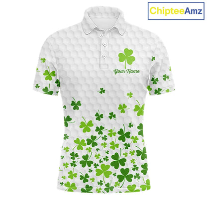 Custom Green shamrock pattern White Golf Polo shirts for men, St Patrick's day team mens golf wears NQS11610