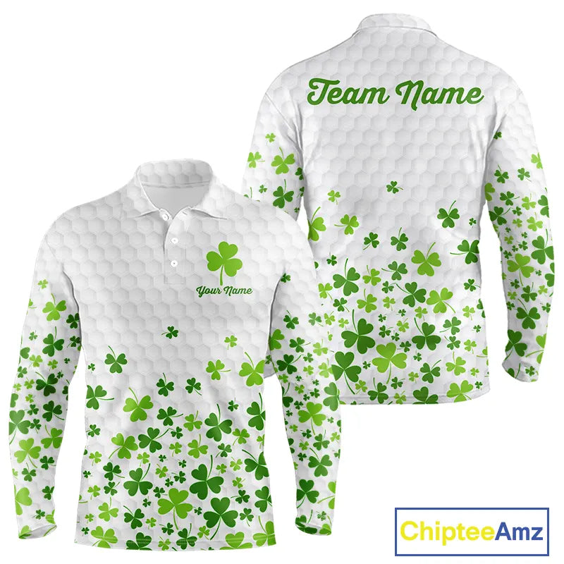 Custom Green shamrock pattern White Golf Polo shirts for men, St Patrick's day team mens golf wears NQS11610