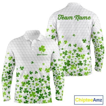 Custom Green shamrock pattern White Golf Polo shirts for men, St Patrick's day team mens golf wears NQS11610
