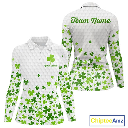 Custom Green shamrock pattern White Golf Polo shirts for Women, St Patrick's day ladies golf shirts NQS11610