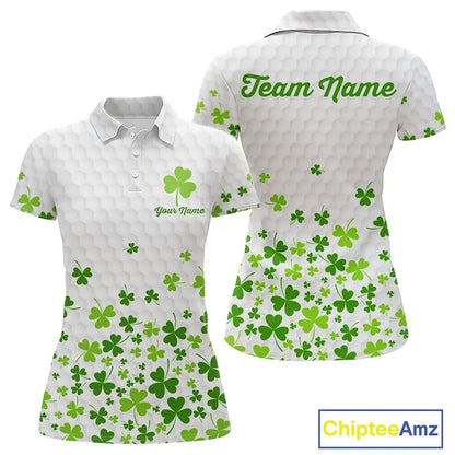 Custom Green shamrock pattern White Golf Polo shirts for Women, St Patrick's day ladies golf shirts NQS11610