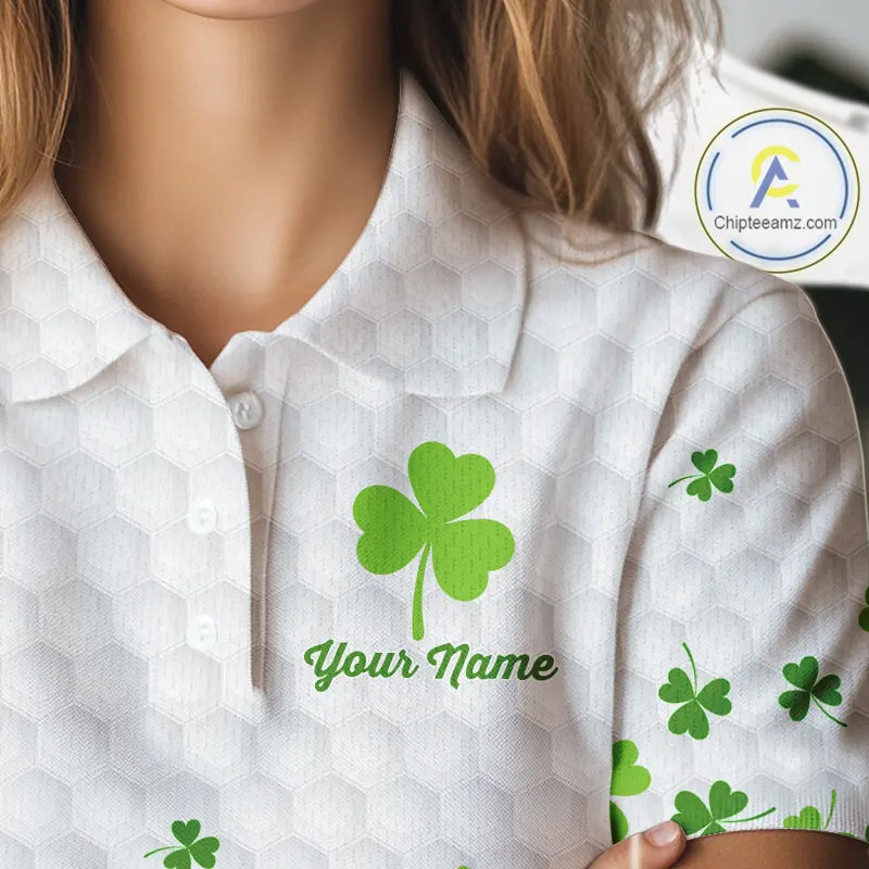 Custom Green shamrock pattern White Golf Polo shirts for Women, St Patrick's day ladies golf shirts NQS11610