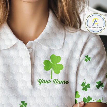 Custom Green shamrock pattern White Golf Polo shirts for Women, St Patrick's day ladies golf shirts NQS11610