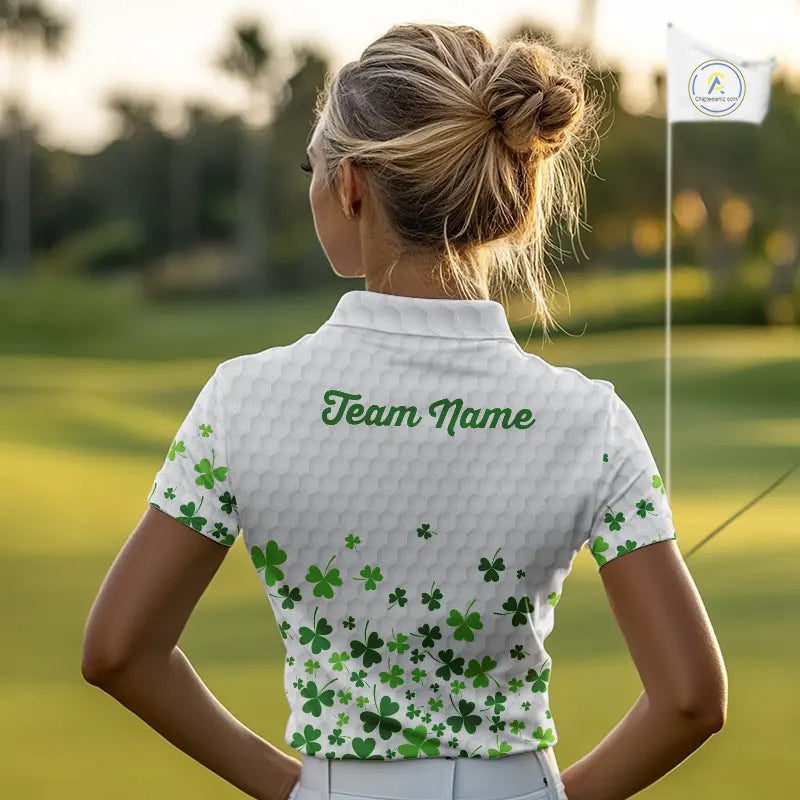 Custom Green shamrock pattern White Golf Polo shirts for Women, St Patrick's day ladies golf shirts NQS11610
