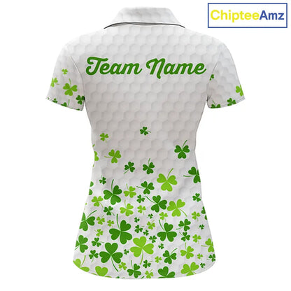 Custom Green shamrock pattern White Golf Polo shirts for Women, St Patrick's day ladies golf shirts NQS11610