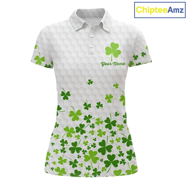 Custom Green shamrock pattern White Golf Polo shirts for Women, St Patrick's day ladies golf shirts NQS11610