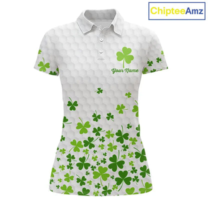 Custom Green shamrock pattern White Golf Polo shirts for Women, St Patrick's day ladies golf shirts NQS11610