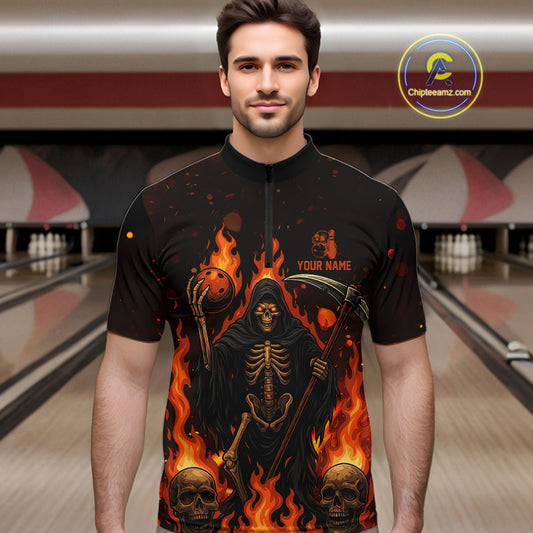 Black And Orange Flame Reaper Skull Custom Halloween Bowling Team Shirts For Men, Bowling Gifts NQS10835