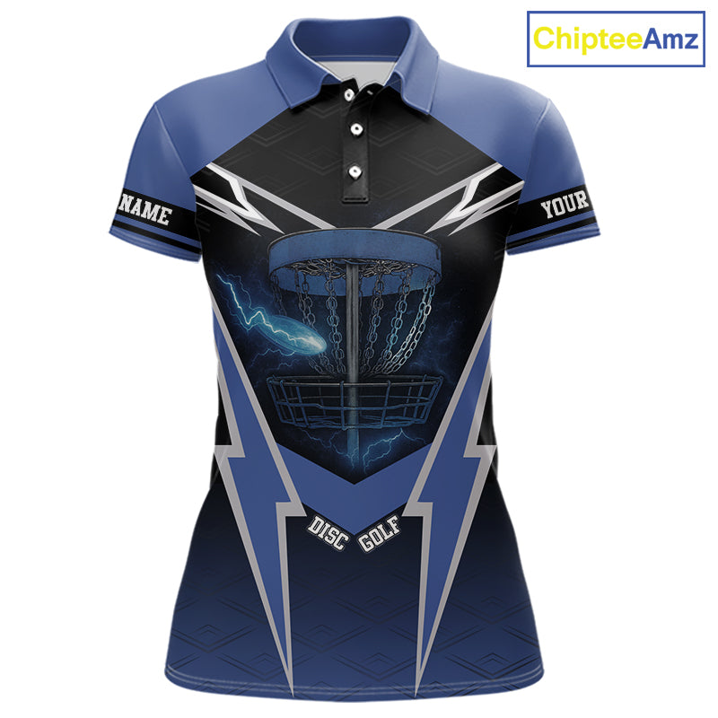 Black and Blue Lightning Thunder Womens Disc golf polo shirts Custom disc golf outfit for ladies NQS10841