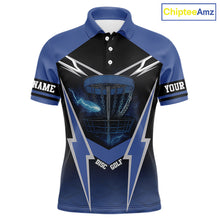 Load image into Gallery viewer, Black and Blue Lightning Thunder Mens Disc golf polo shirts Custom disc golf outfit for men NQS10841