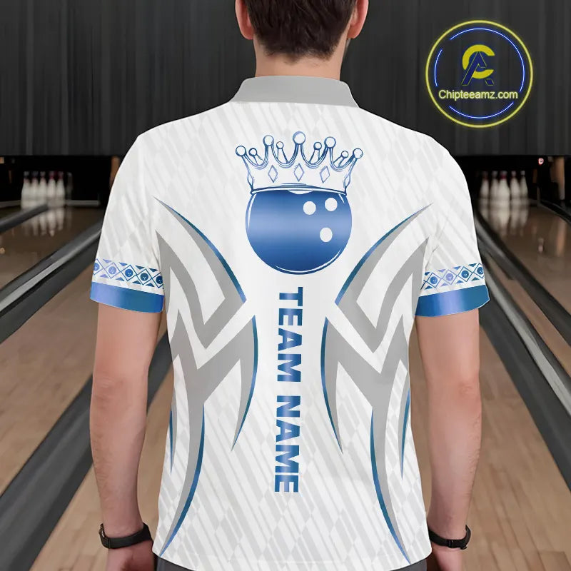 White and Blue crown Bowling ball Polo, Quarter Zip Shirts for Men Custom Bowling Team jerseys NQS11008