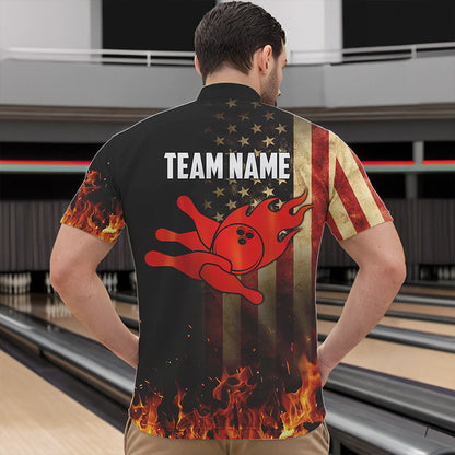 Vintage American Flag Flame Bowling Shirts For Men Custom Patriotic Mens Bowling Team Jersey NQS9651